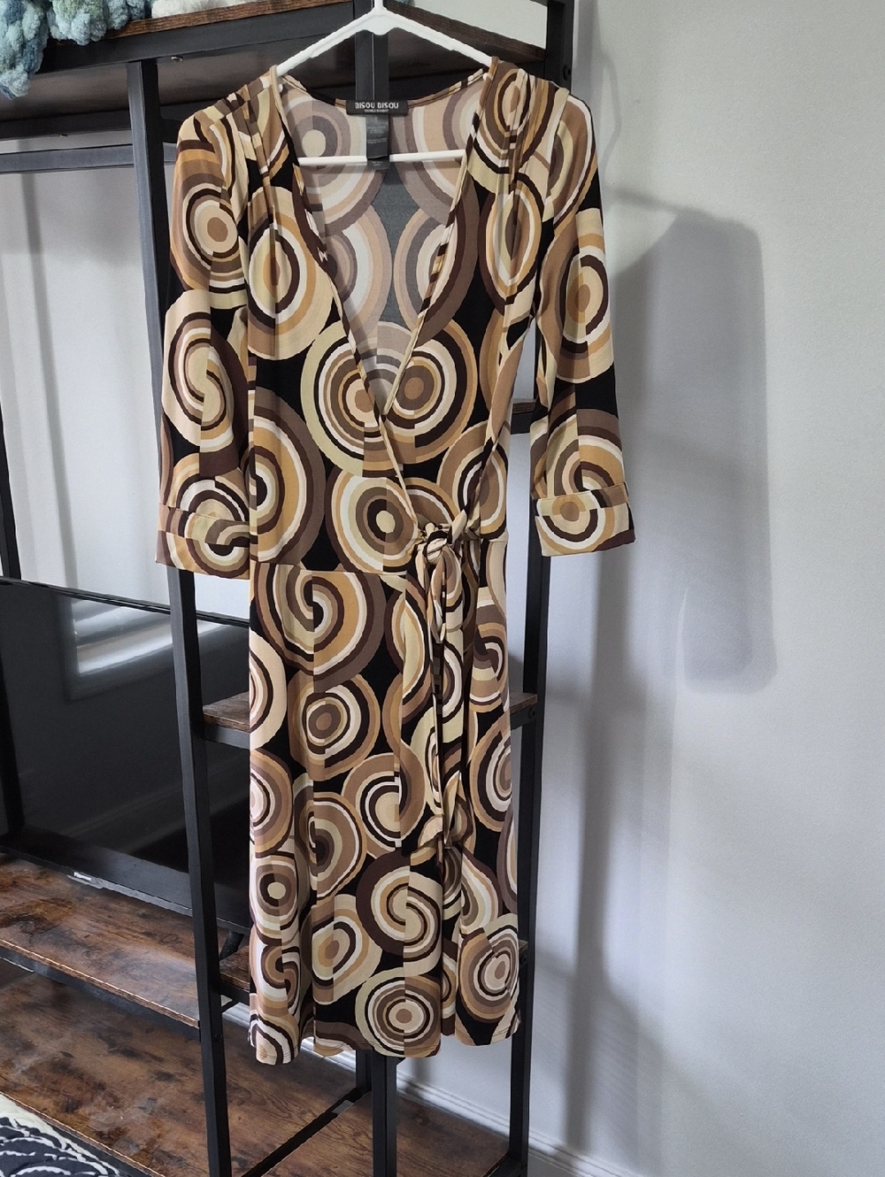 Bisou Bisou Brown and Cream Geometric Wrap Midi Dress